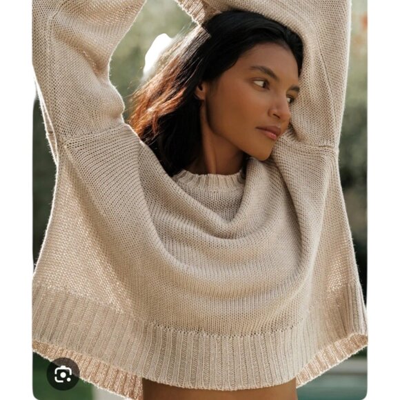 Jenni Kayne Cropped Linen Crew Neck Sweater Womens Sz L Quiet Luxury Minimalist - Picture 1 of 6